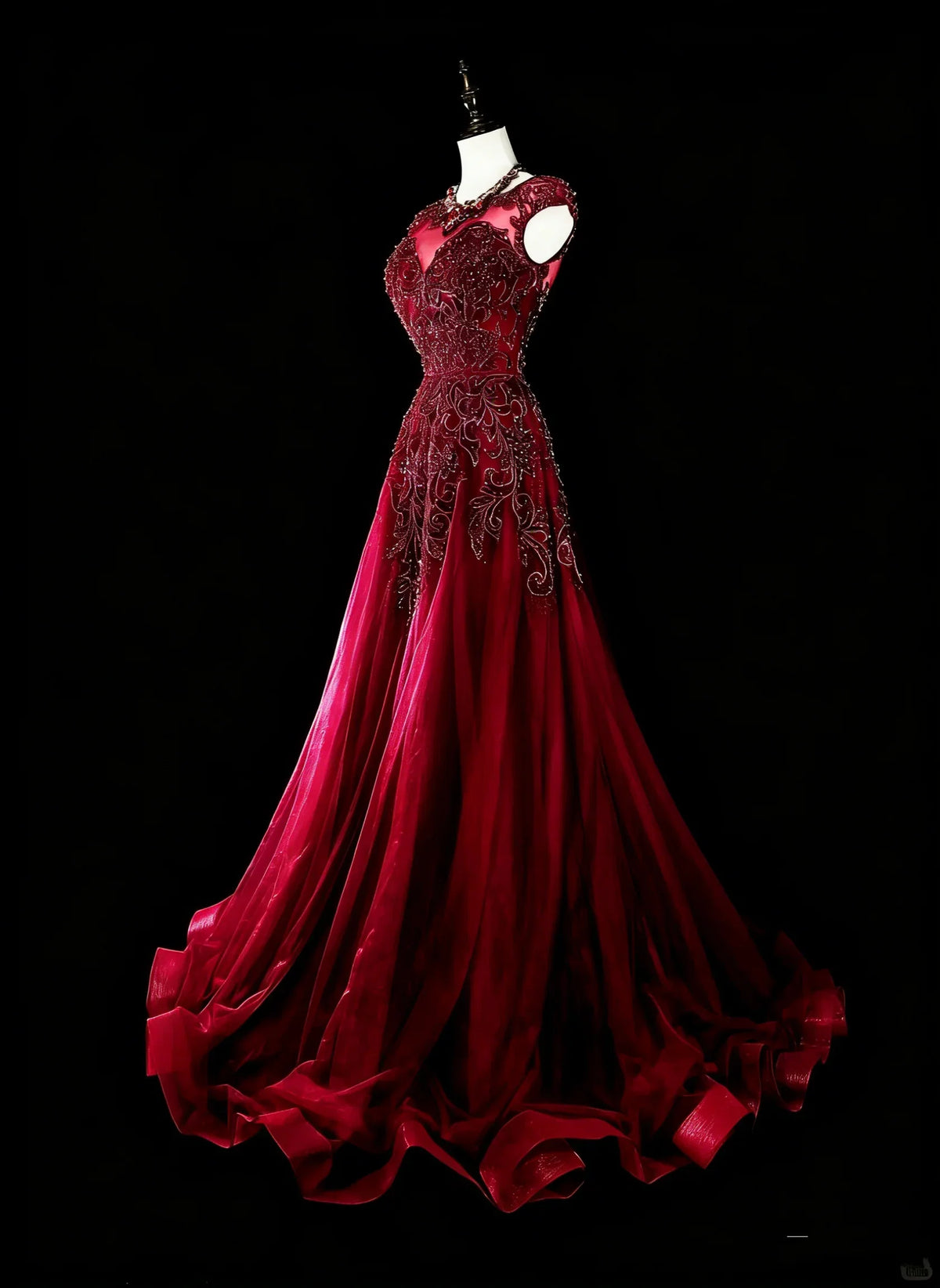 Red Illusion Neck Cap Beaded Maxi Prom Dress