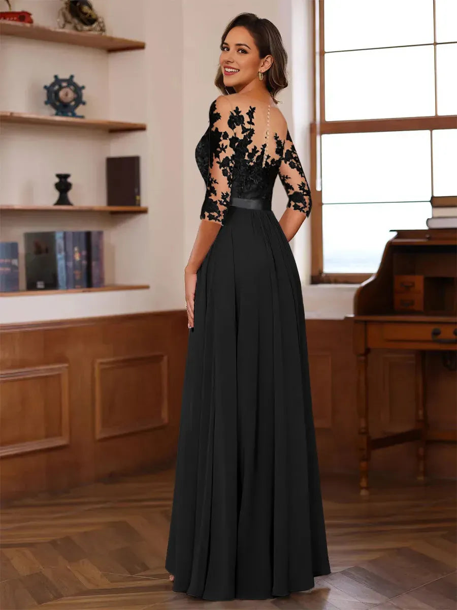Illusion Neck 3/4 Sleeves Zip-Back Floor-Length Pleated Mother of the Bride Dresses with Ruffles Appliques