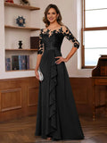 Illusion Neck 3/4 Sleeves Zip-Back Floor-Length Pleated Mother of the Bride Dresses with Ruffles Appliques