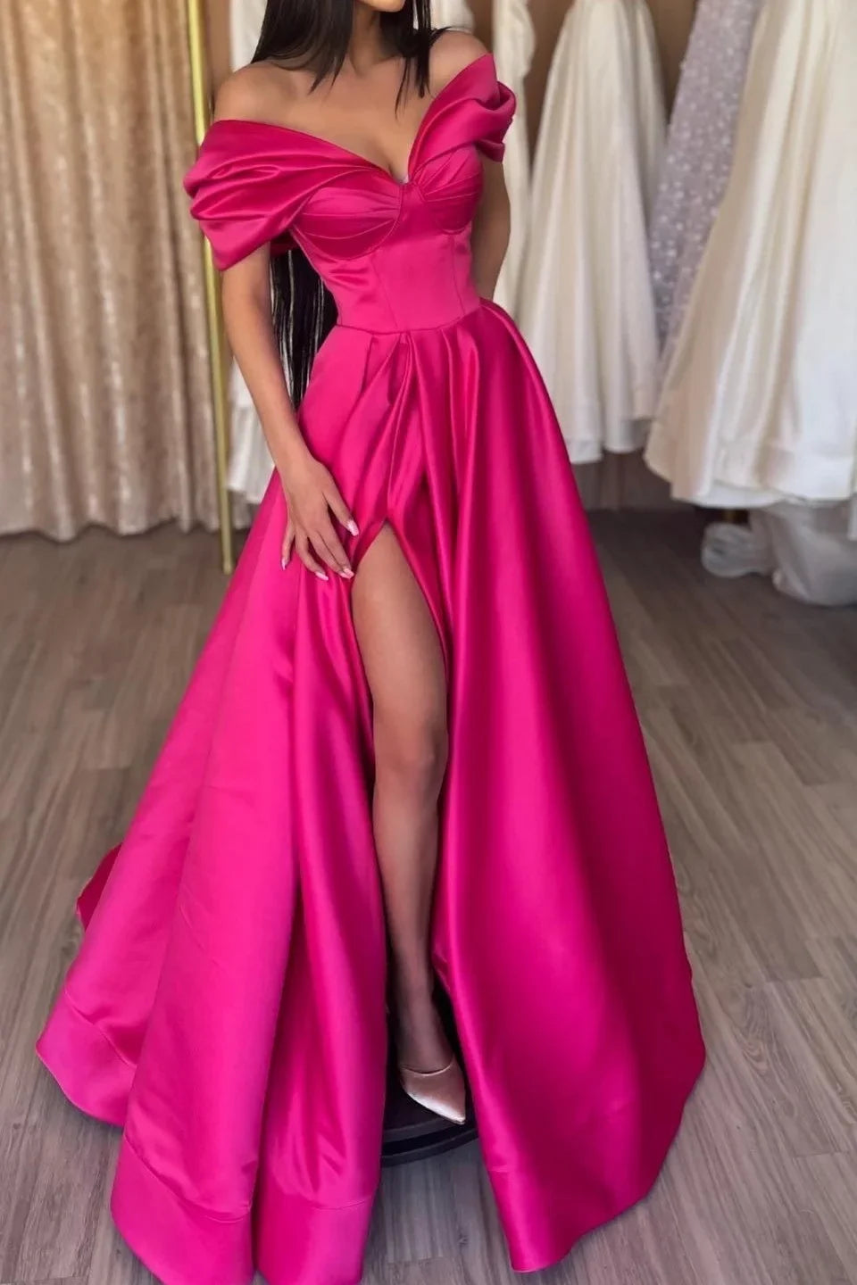 Off-Shoulder Short Sleeve High Slit Maxi Party Dress