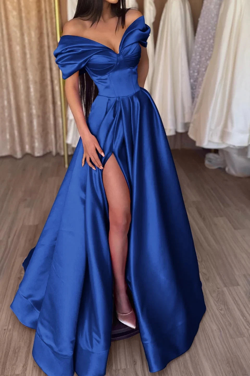 Off-Shoulder Short Sleeve High Slit Maxi Party Dress