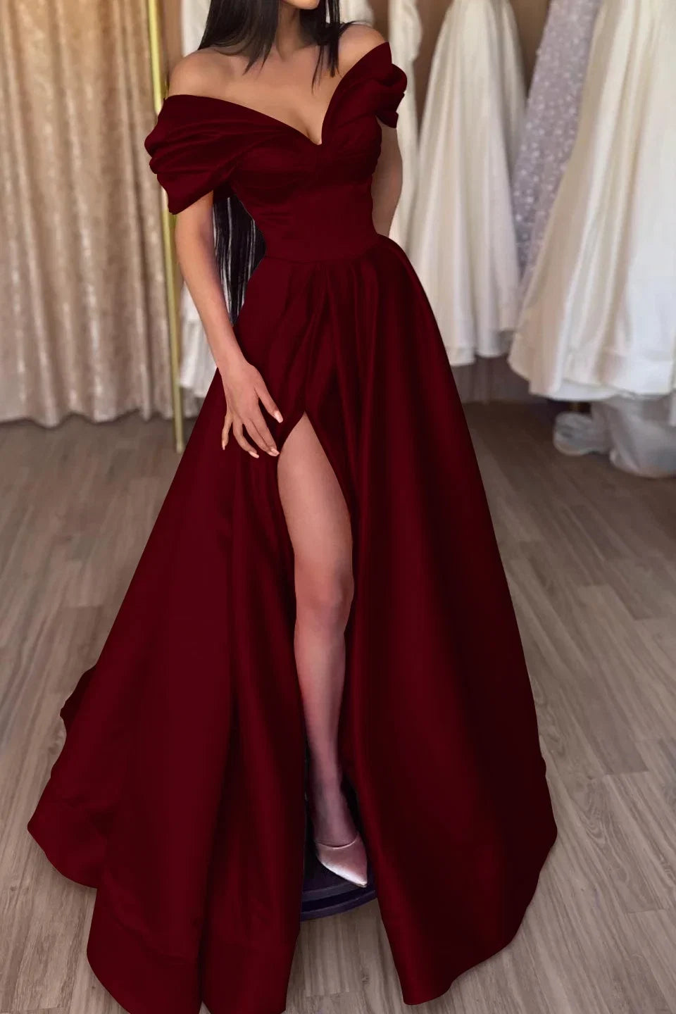 Off-Shoulder Short Sleeve High Slit Maxi Party Dress