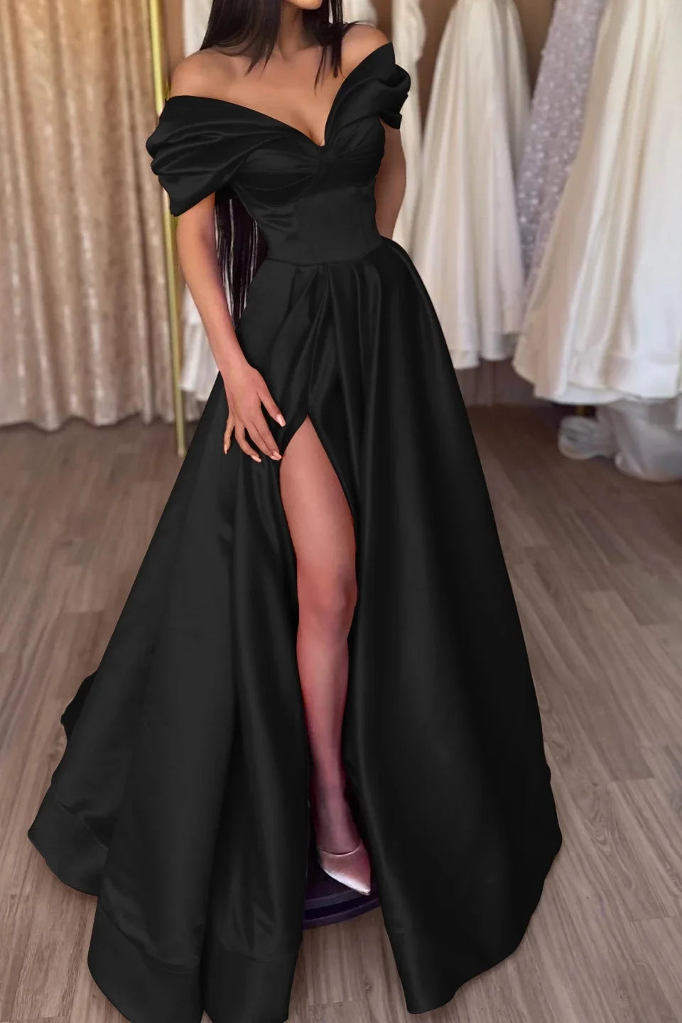 Off-Shoulder Short Sleeve High Slit Maxi Party Dress