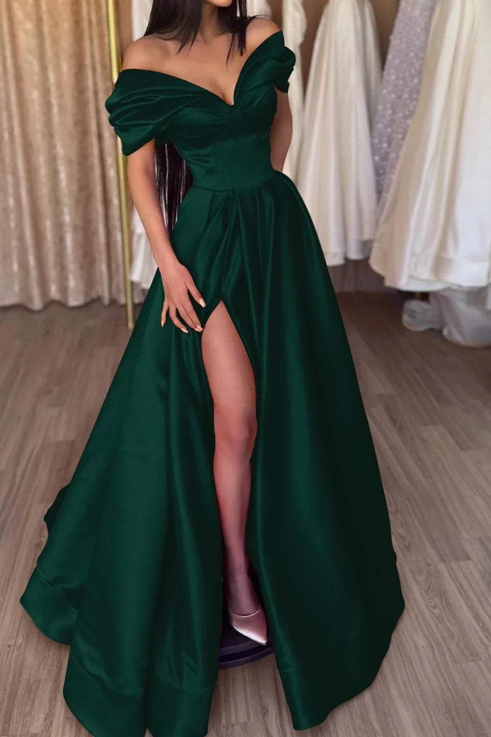 Off-Shoulder Short Sleeve High Slit Maxi Party Dress