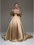 Gold Off Shoulder Ruffled Train Prom Dress