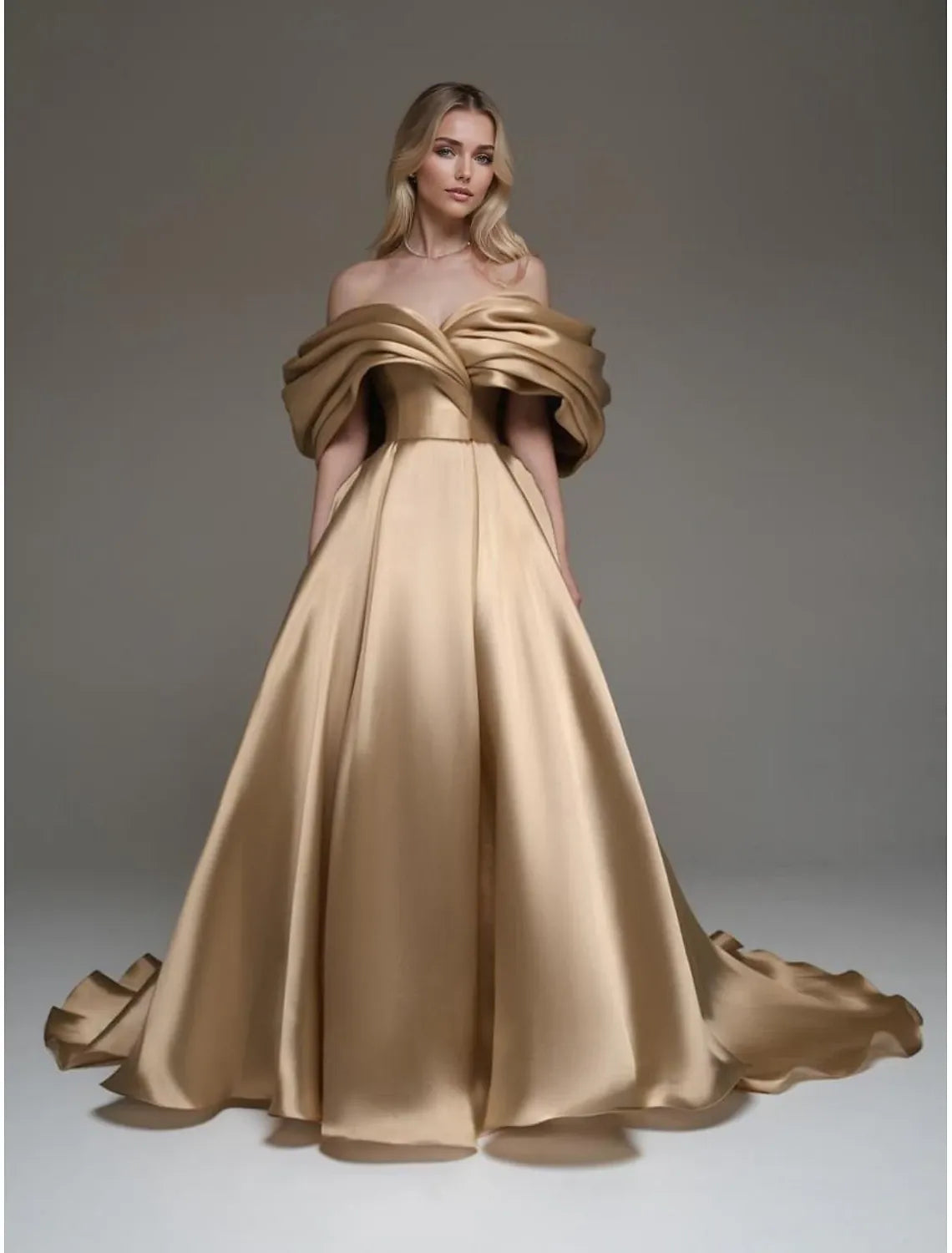 Gold Off Shoulder Ruffled Train Prom Dress
