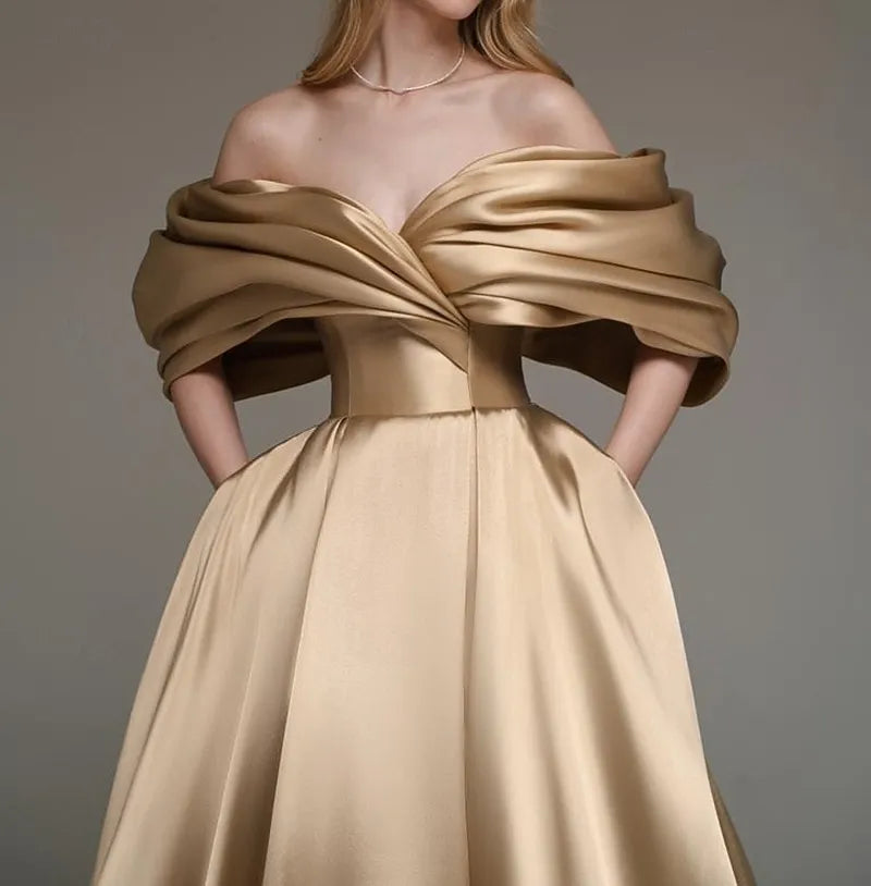 Gold Off Shoulder Ruffled Train Prom Dress