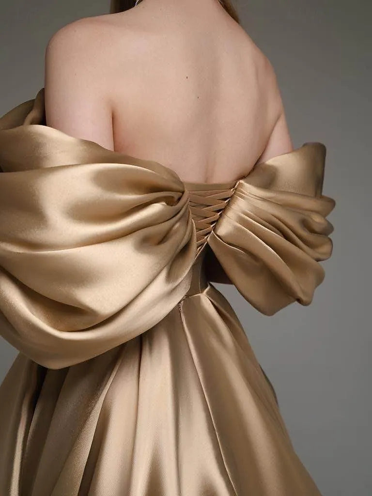 Gold Off Shoulder Ruffled Train Prom Dress