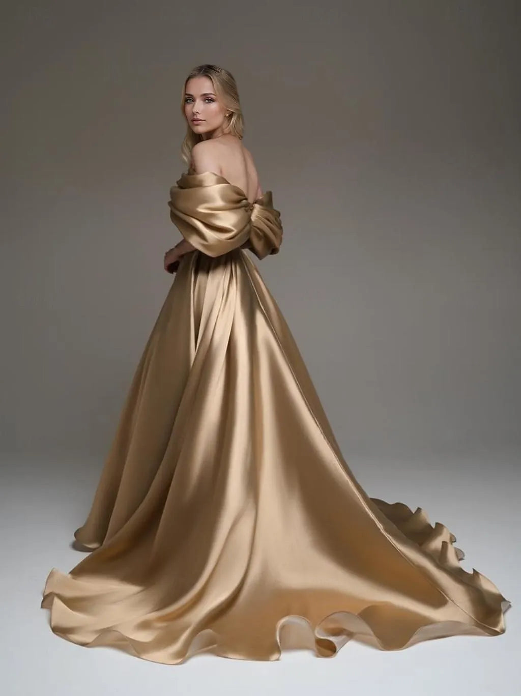 Gold Off Shoulder Ruffled Train Prom Dress