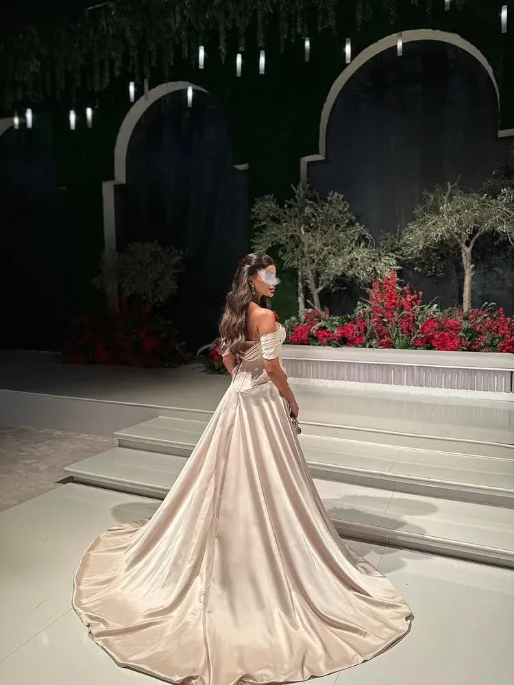 Off Shoulder Champagne Prom Dress With Side Slit