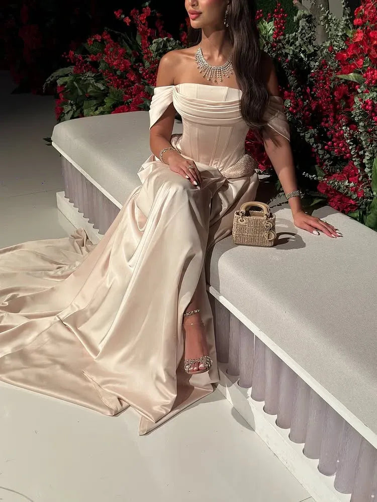 Off Shoulder Champagne Prom Dress With Side Slit