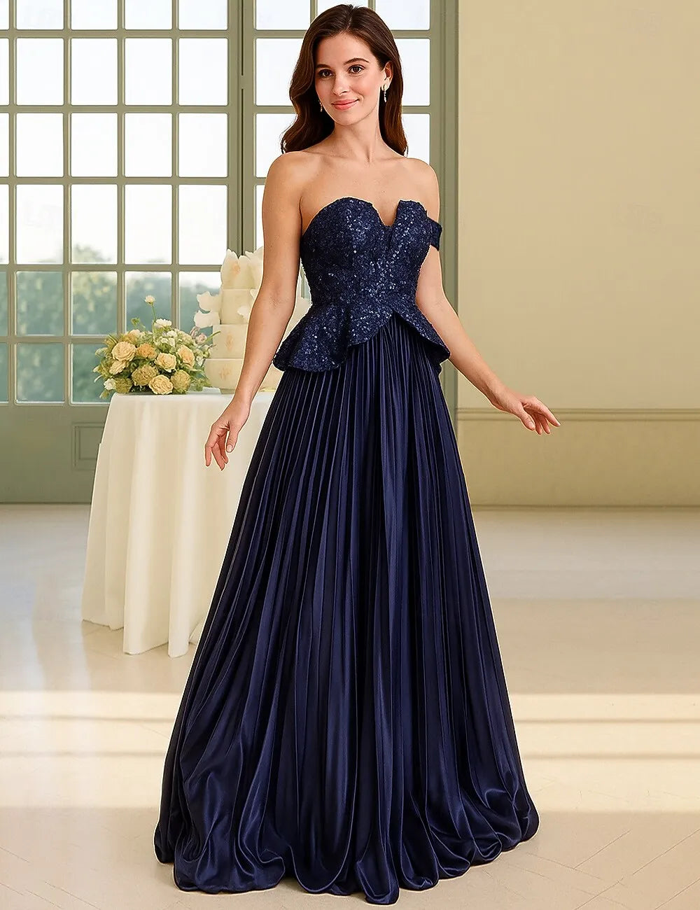 Navy Blue Off Shoulder Peplum Pleated Evening Dress Hot Sale