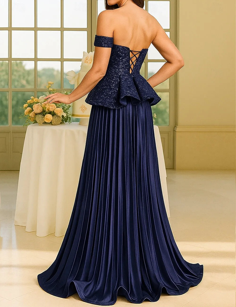 Navy Blue Off Shoulder Peplum Pleated Evening Dress Hot Sale