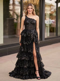 Black One-Shoulder Applique Train Prom Dress With Slit