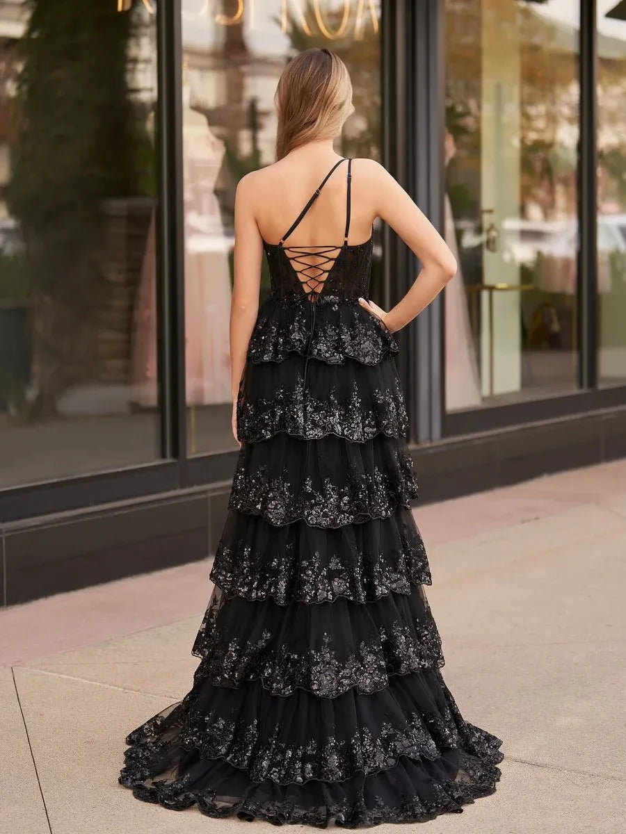 Black One-Shoulder Applique Train Prom Dress With Slit