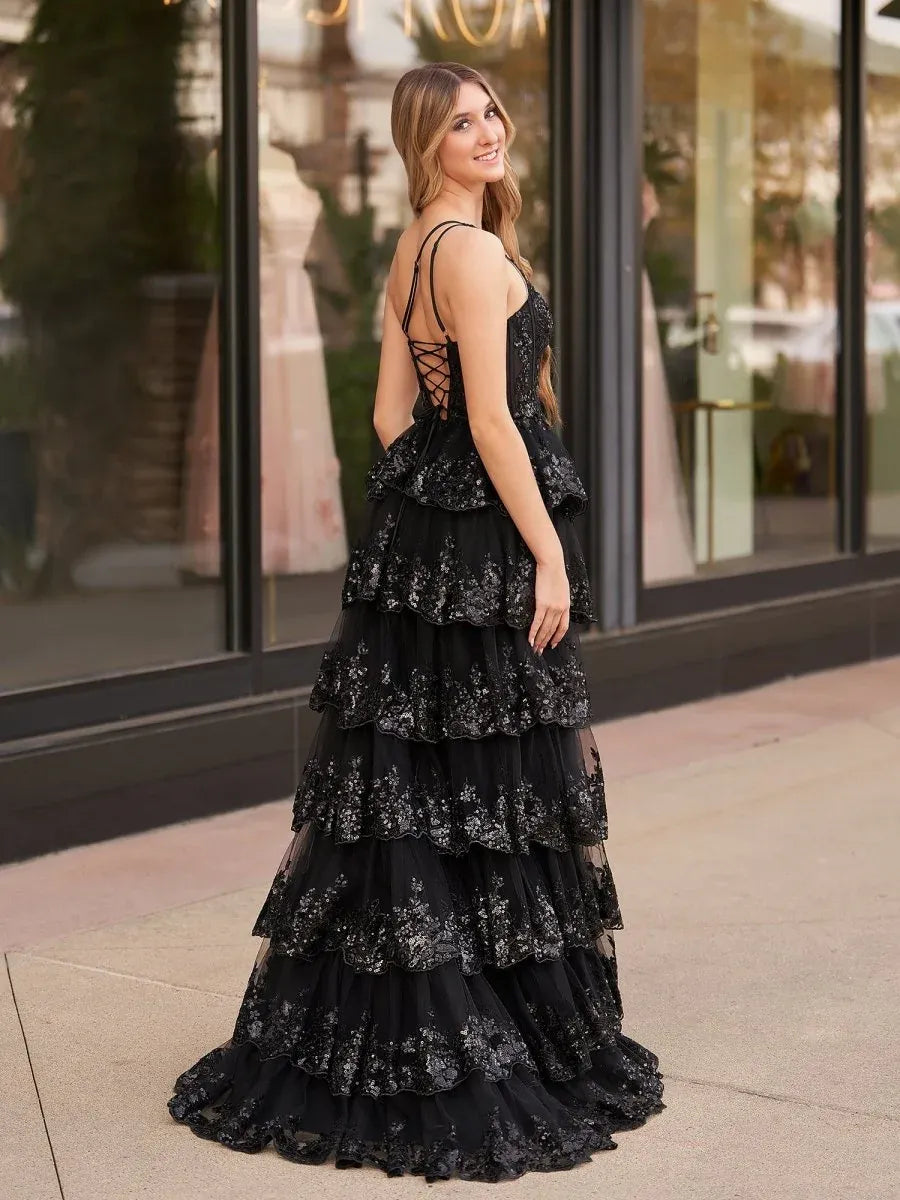 Black One-Shoulder Applique Train Prom Dress With Slit