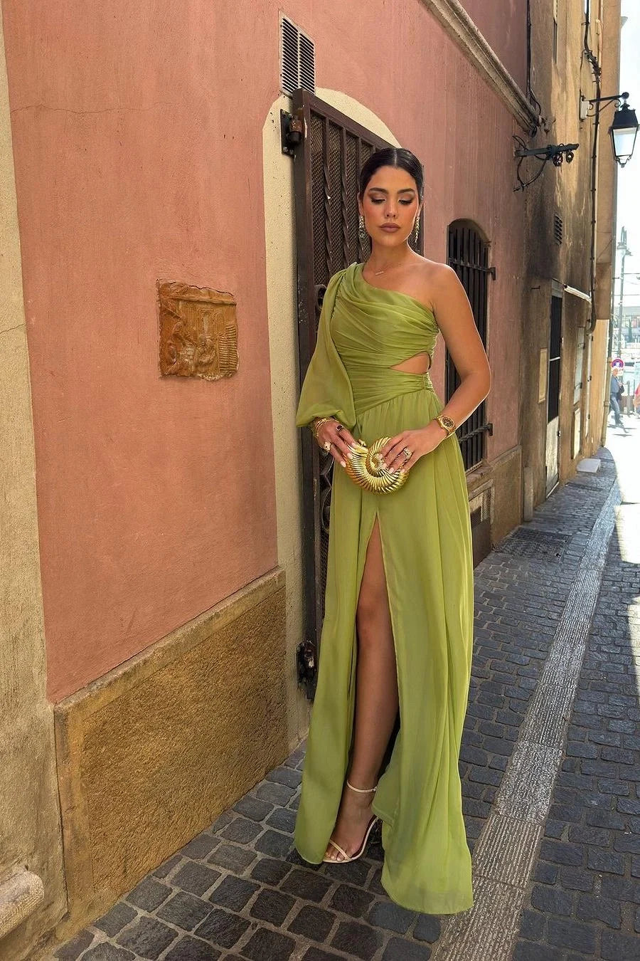 Green One-Shoulder Single-Sleeve Cutout Lime Prom Dress