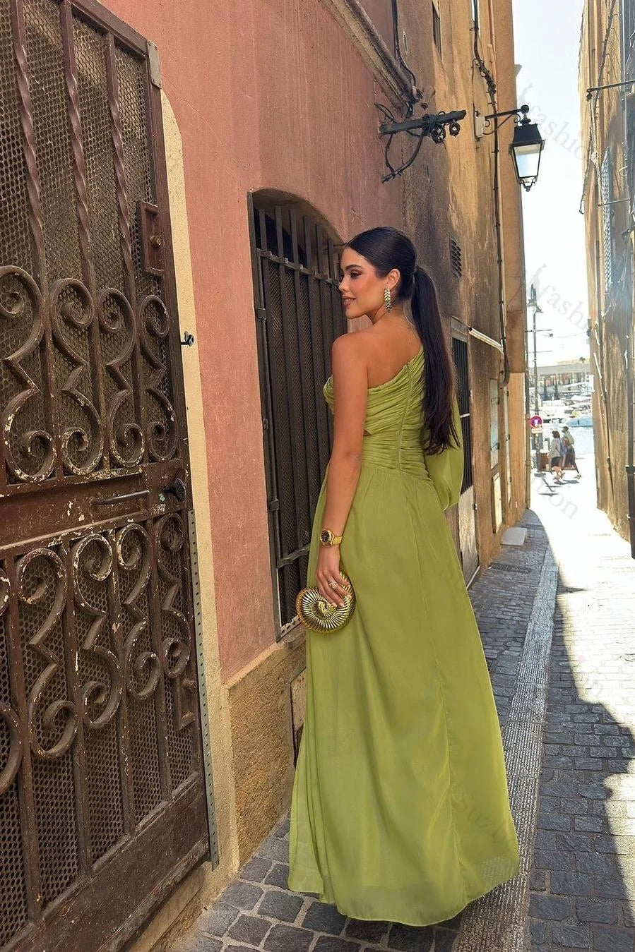 Green One-Shoulder Single-Sleeve Cutout Lime Prom Dress