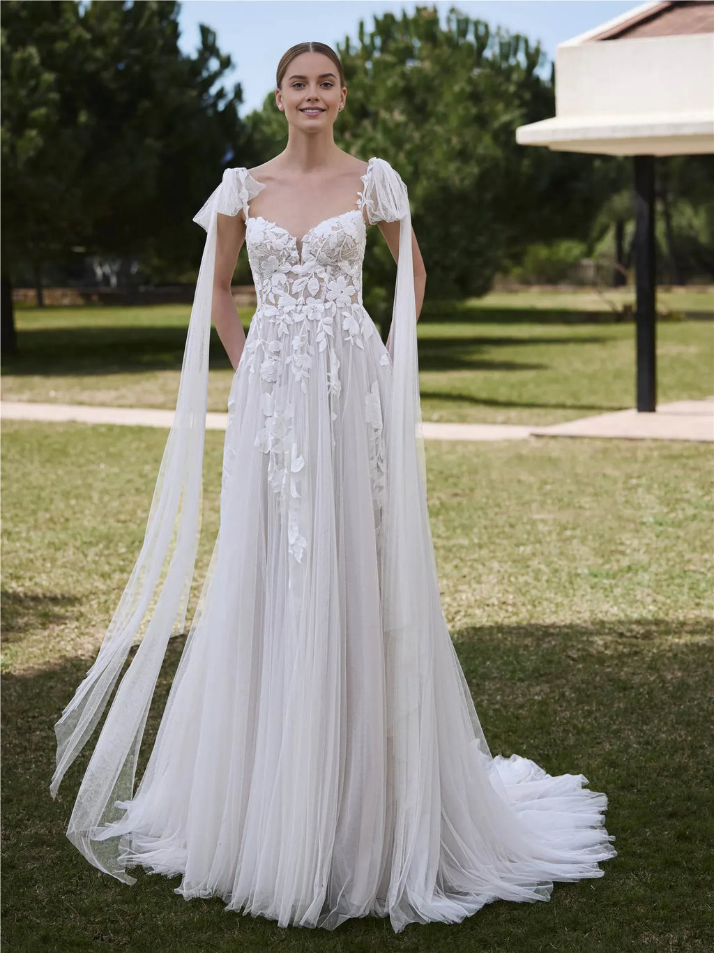 Plunging Sweetheart Neck Cap-Sleeve Floral Tulle-Cape Floor-Length Wedding Dress