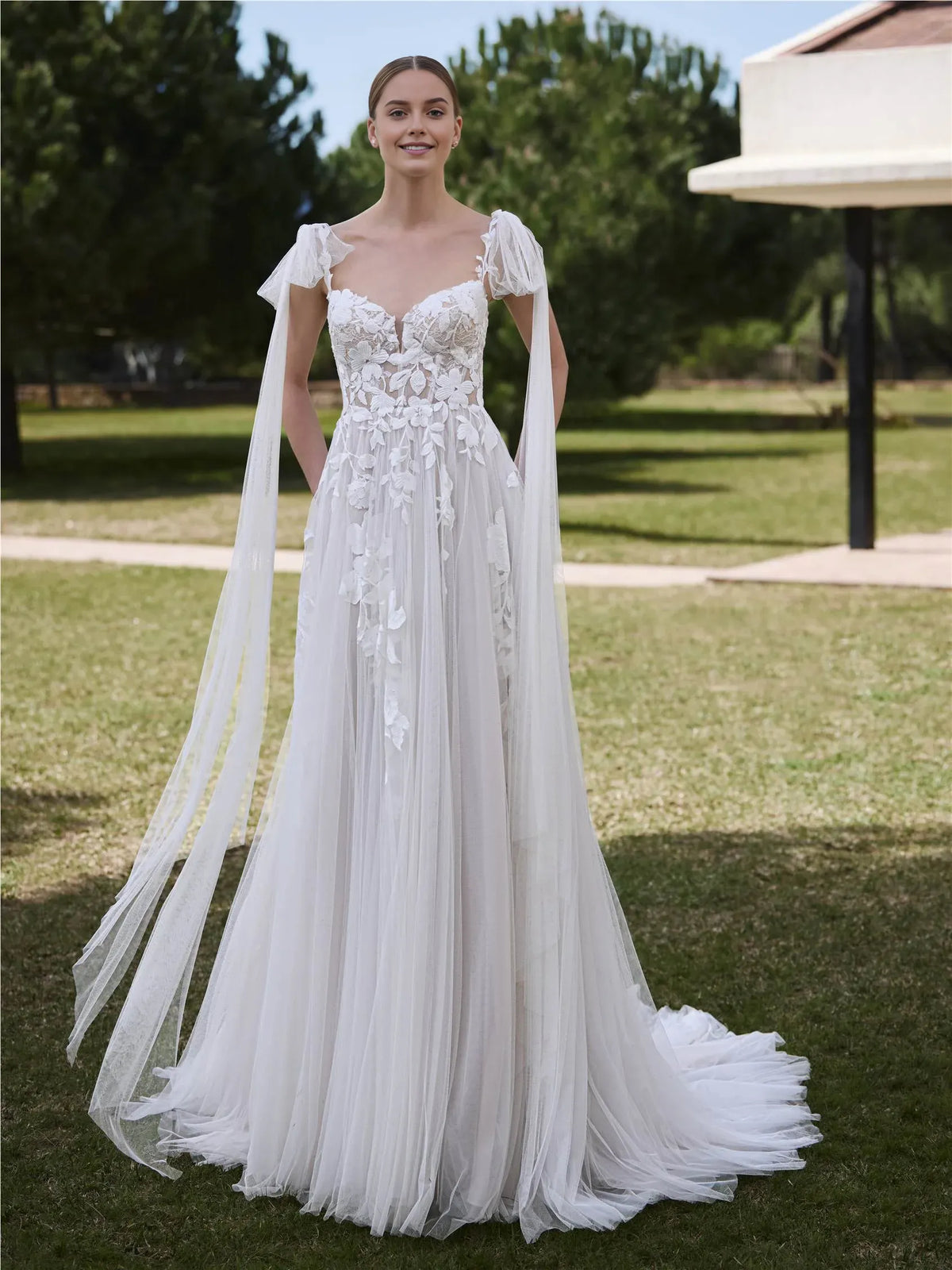 Plunging Sweetheart Neck Cap-Sleeve Floral Tulle-Cape Floor-Length Wedding Dress
