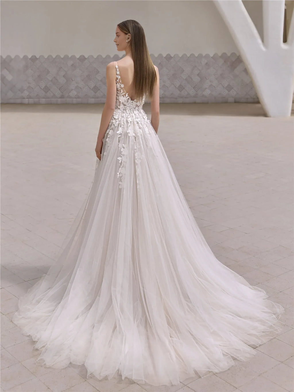 Plunging V-Neck Spaghetti-Strap Floral-Embroidered V-back Floor-Length Wedding Dress