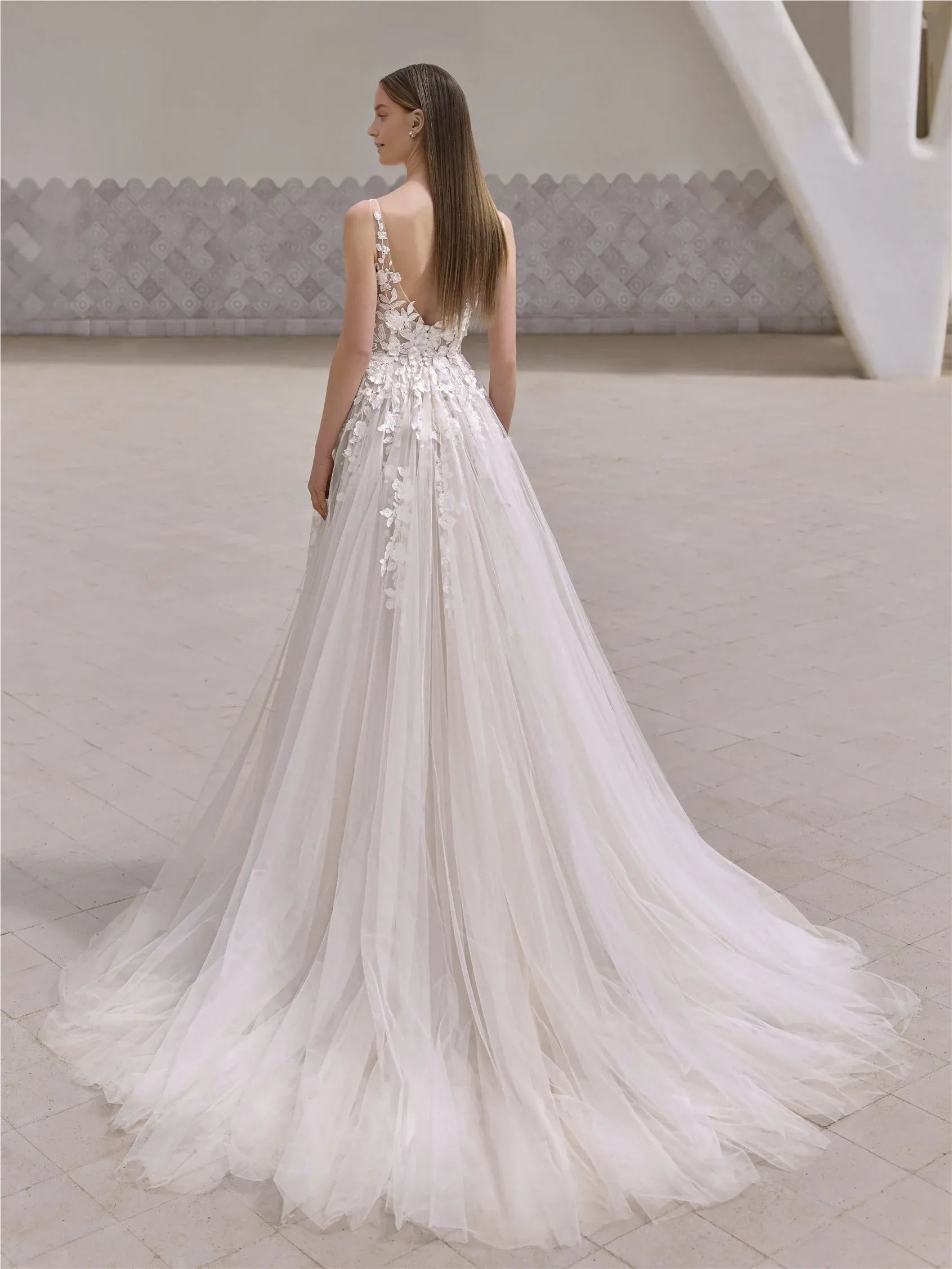 Plunging V-Neck Spaghetti-Strap Floral-Embroidered V-back Floor-Length Wedding Dress