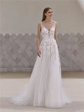 Plunging V-Neck Spaghetti-Strap Floral-Embroidered V-back Floor-Length Wedding Dress