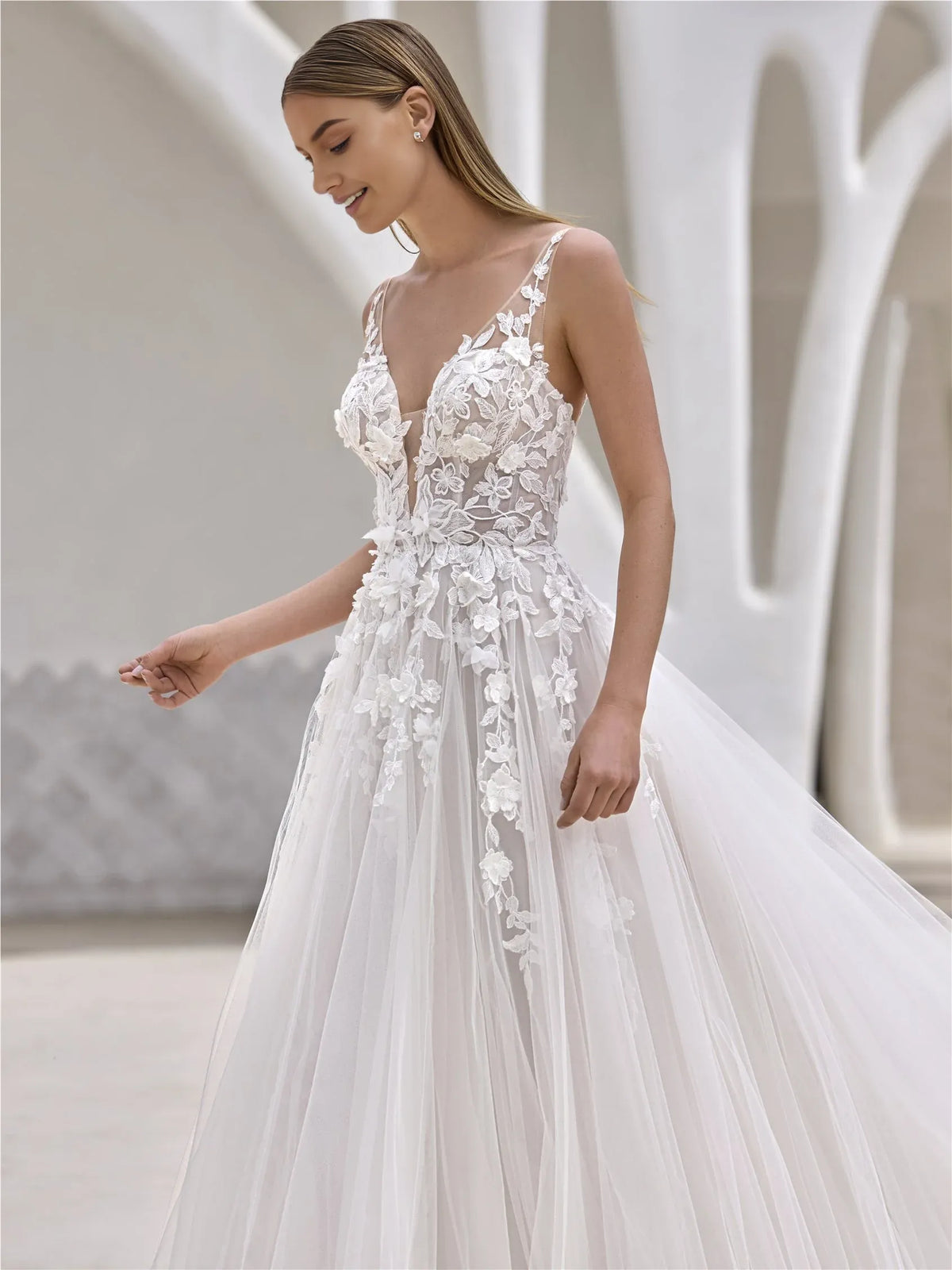Plunging V-Neck Spaghetti-Strap Floral-Embroidered V-back Floor-Length Wedding Dress