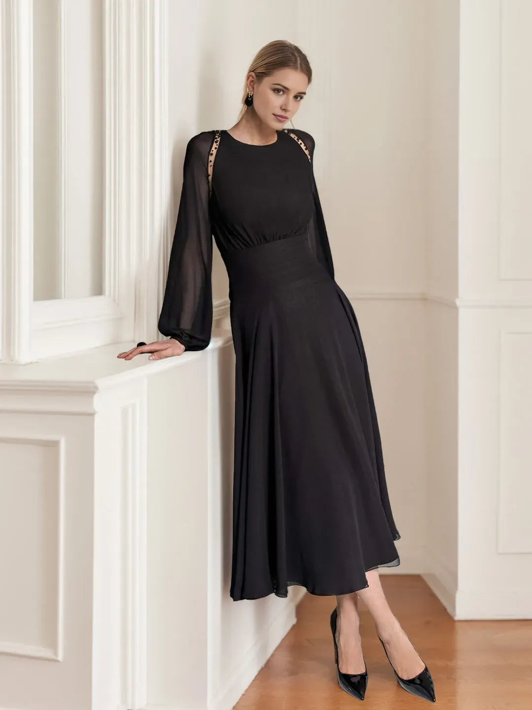 Round Neck Sheer Long Sleeve Button-Back Tea-Length Mother of the Bride Dresses with Beading