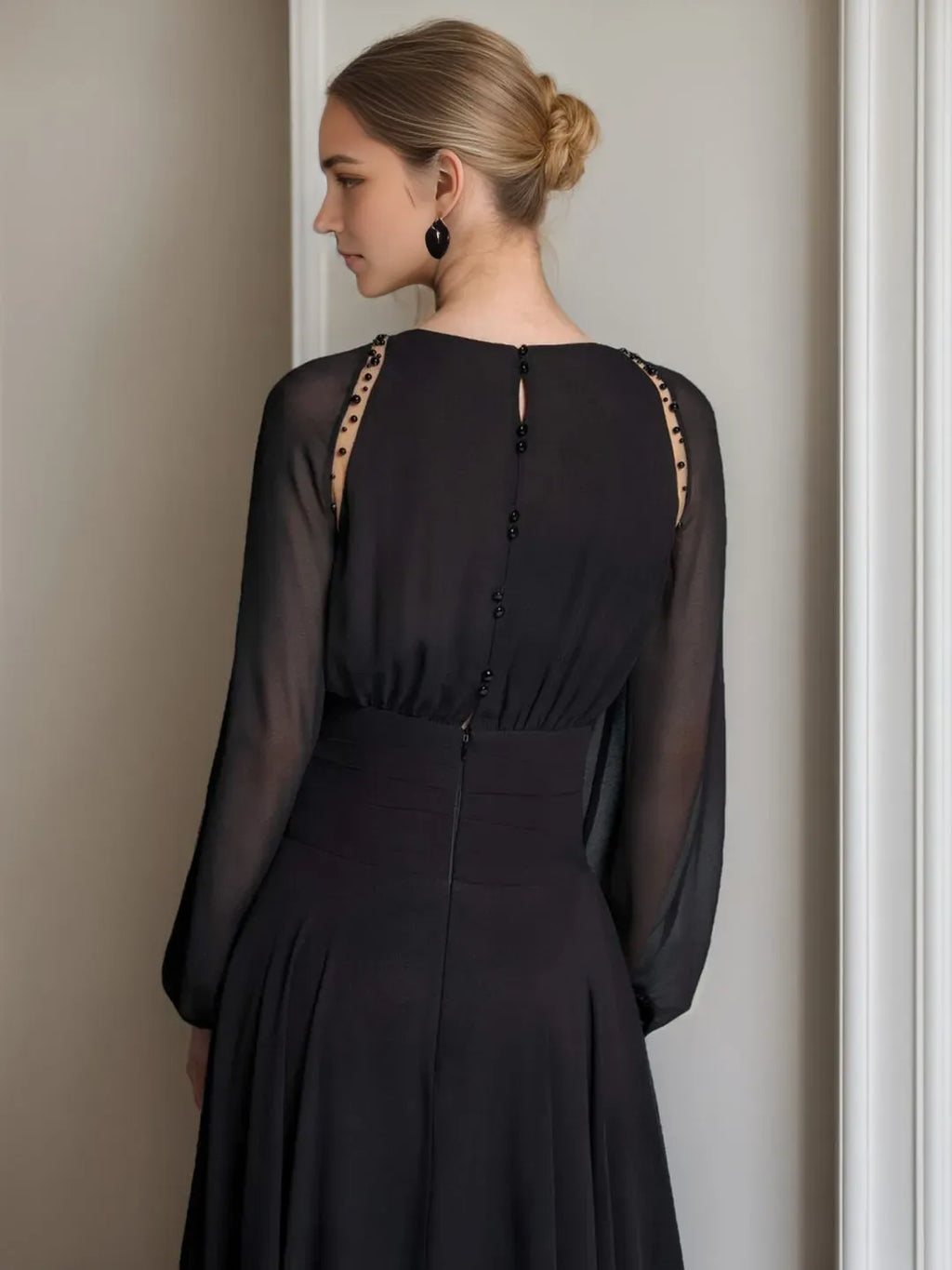 Round Neck Sheer Long Sleeve Button-Back Tea-Length Mother of the Bride Dresses with Beading