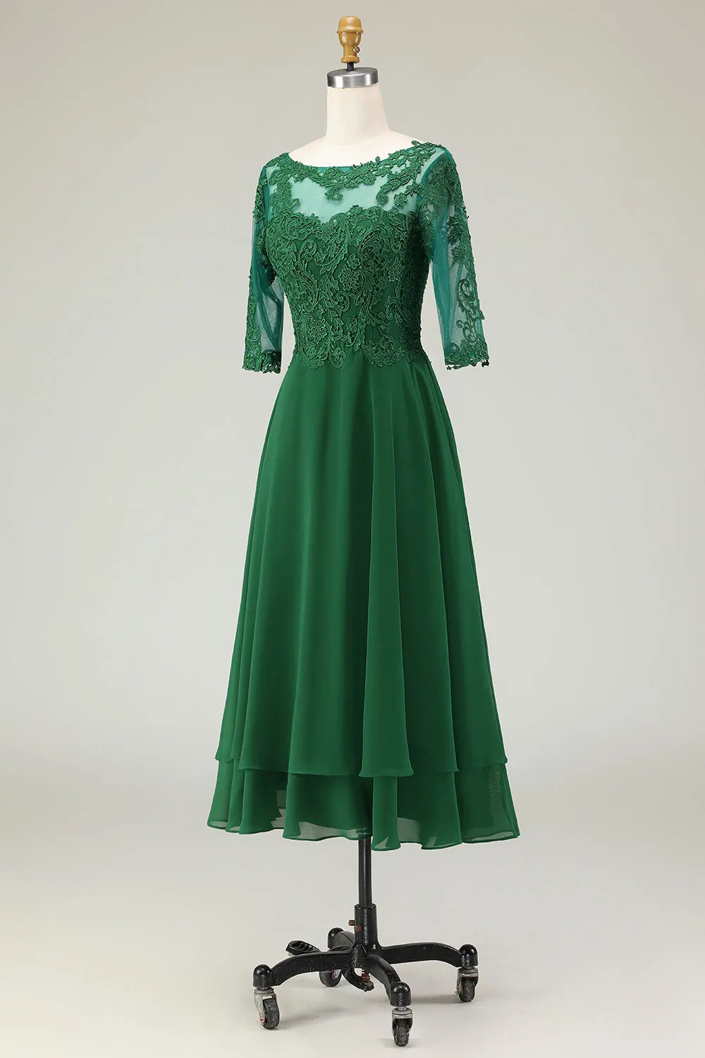 Scoop Neck Half Sleeve Lace-Up Back Tea-Length Appliqued Mother of the Bride Dresses