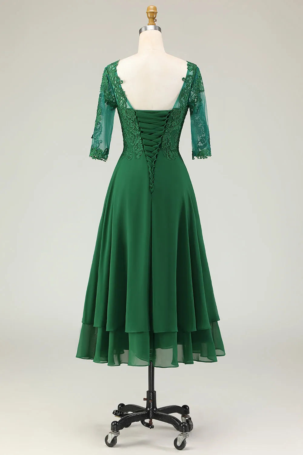 Scoop Neck Half Sleeve Lace-Up Back Tea-Length Appliqued Mother of the Bride Dresses