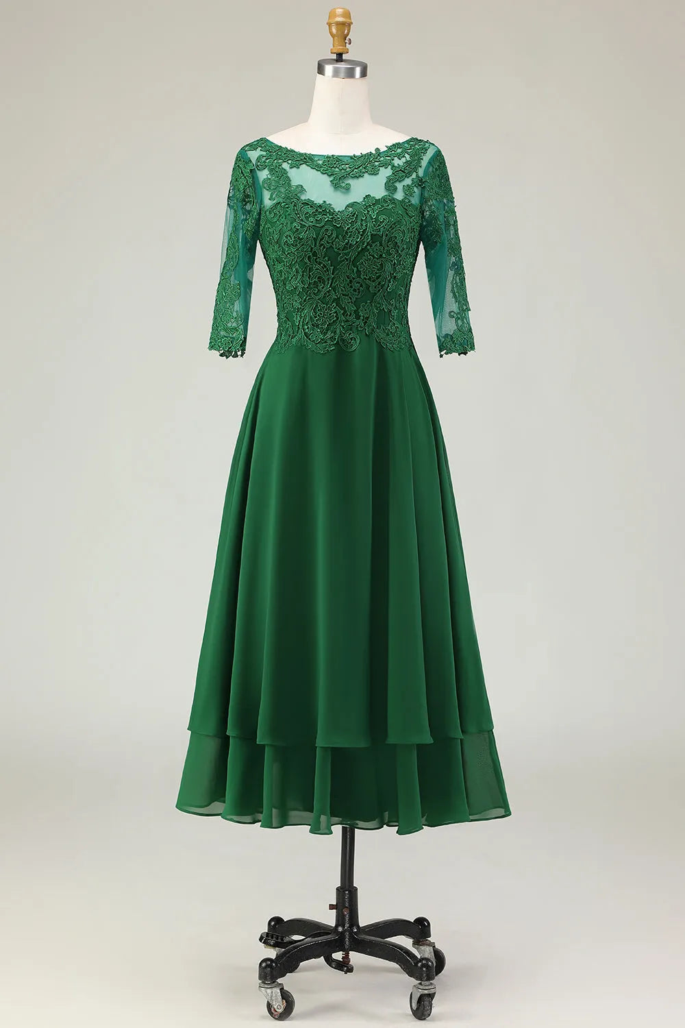 Scoop Neck Half Sleeve Lace-Up Back Tea-Length Appliqued Mother of the Bride Dresses