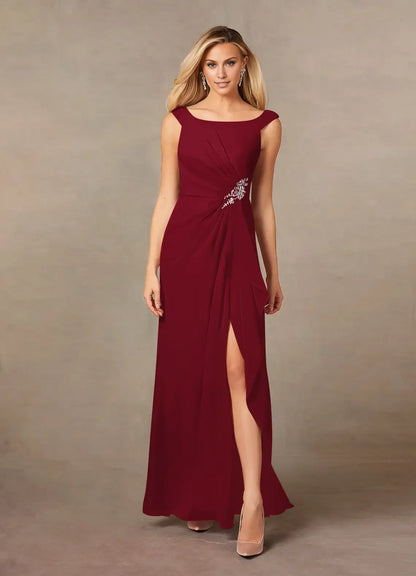 Elegant Burgundy Chiffon A-Line Scoop Neck Sleeveless Floor-Length Mother of the Bride Dress