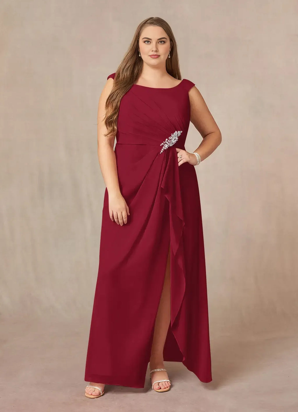 Elegant Burgundy Chiffon A-Line Scoop Neck Sleeveless Floor-Length Mother of the Bride Dress