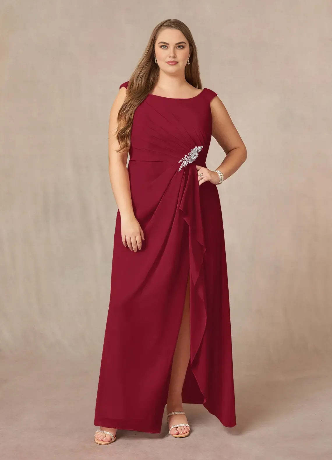Elegant Burgundy Chiffon A-Line Scoop Neck Sleeveless Floor-Length Mother of the Bride Dress
