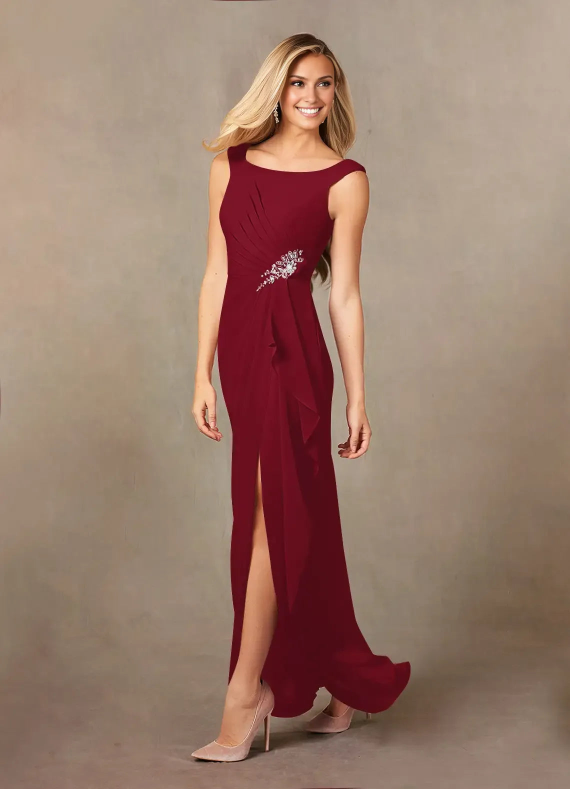 Elegant Burgundy Chiffon A-Line Scoop Neck Sleeveless Floor-Length Mother of the Bride Dress