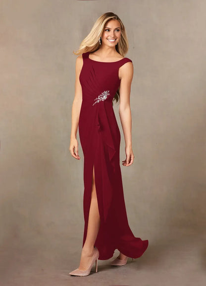 Elegant Burgundy Chiffon A-Line Scoop Neck Sleeveless Floor-Length Mother of the Bride Dress