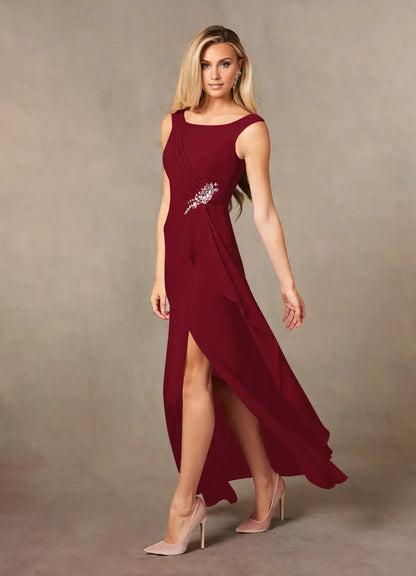 Elegant Burgundy Chiffon A-Line Scoop Neck Sleeveless Floor-Length Mother of the Bride Dress