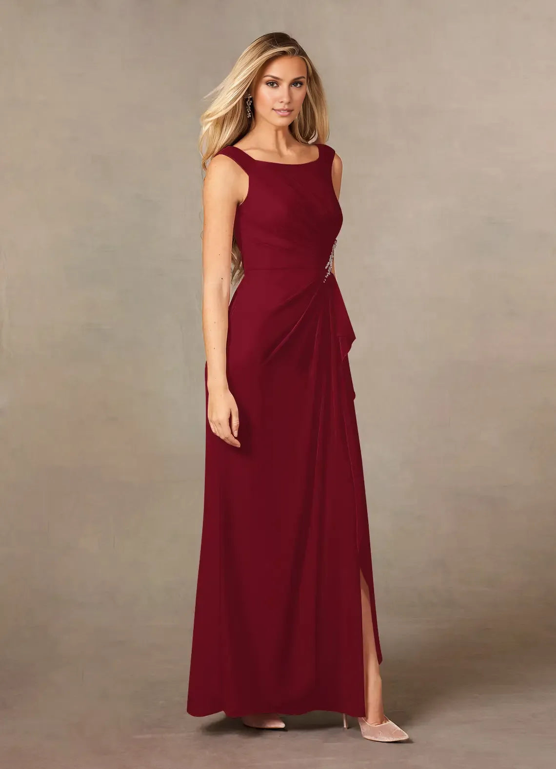 Elegant Burgundy Chiffon A-Line Scoop Neck Sleeveless Floor-Length Mother of the Bride Dress