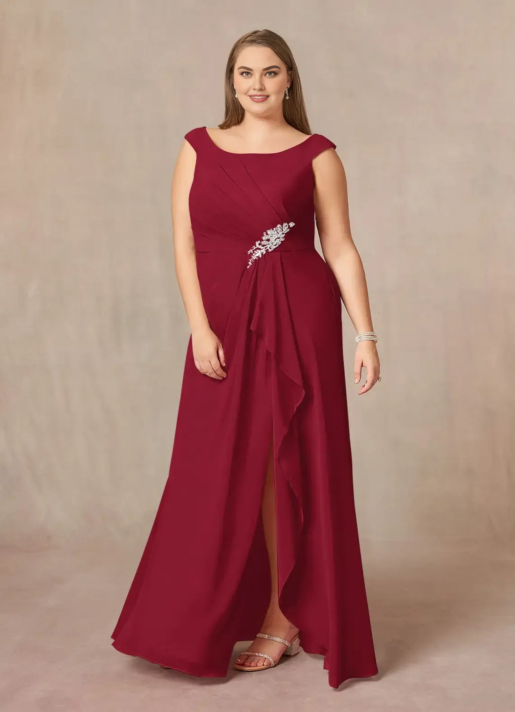 Elegant Burgundy Chiffon A-Line Scoop Neck Sleeveless Floor-Length Mother of the Bride Dress