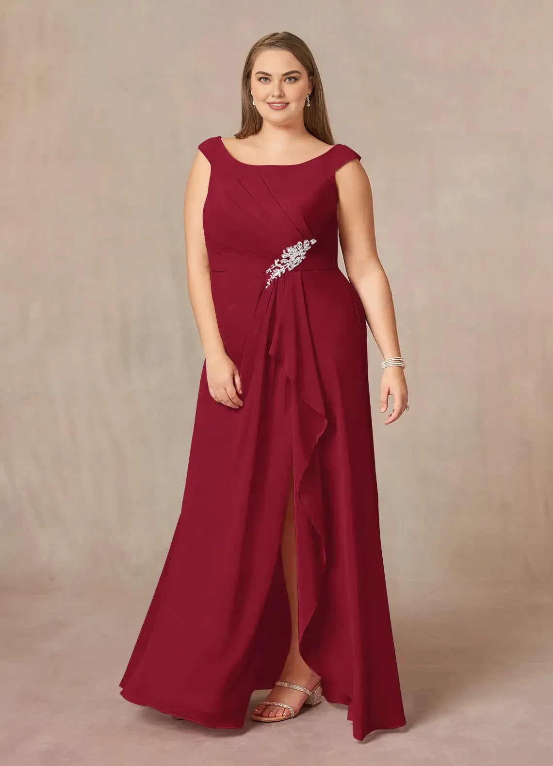 Elegant Burgundy Chiffon A-Line Scoop Neck Sleeveless Floor-Length Mother of the Bride Dress