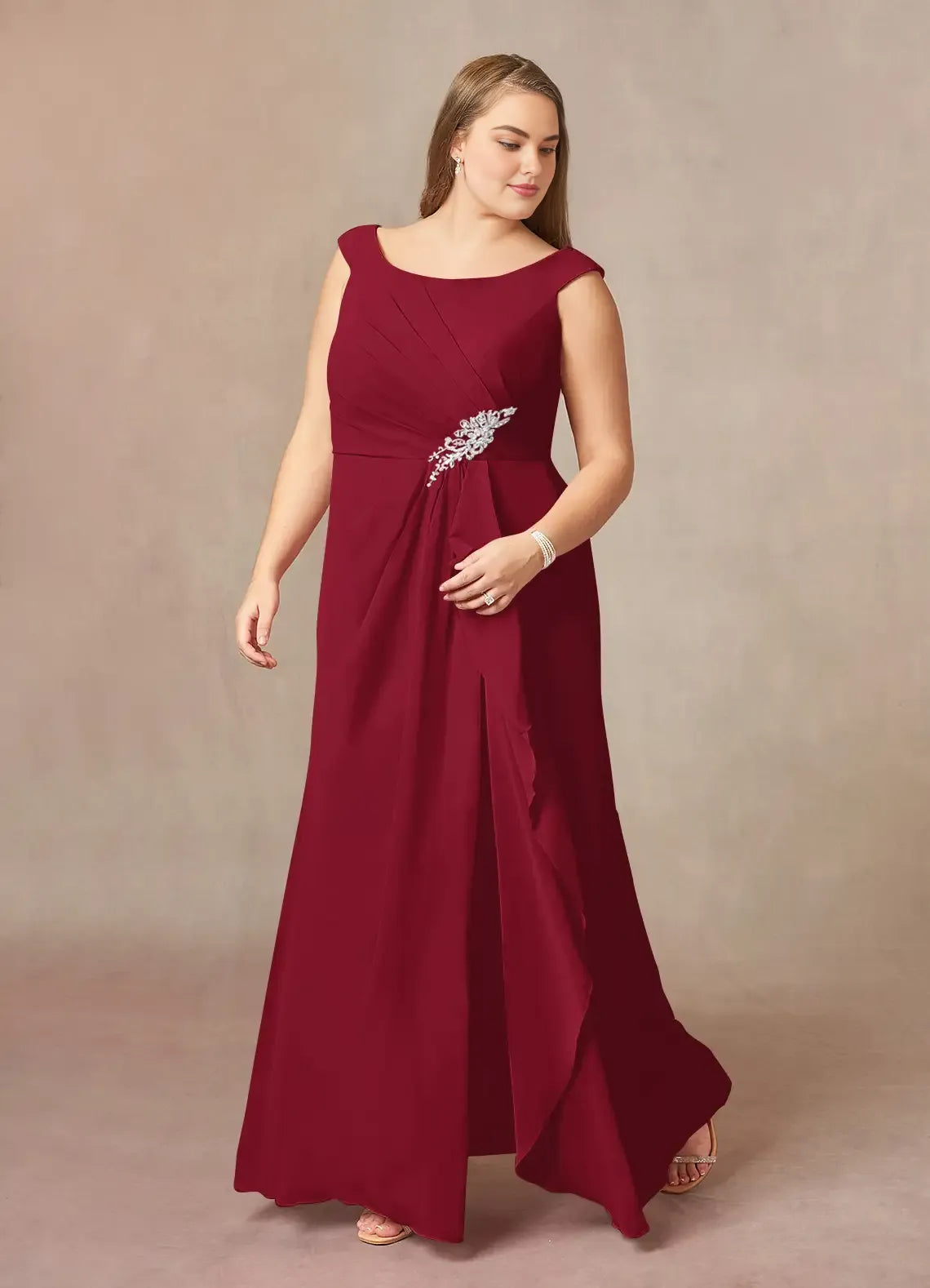 Elegant Burgundy Chiffon A-Line Scoop Neck Sleeveless Floor-Length Mother of the Bride Dress