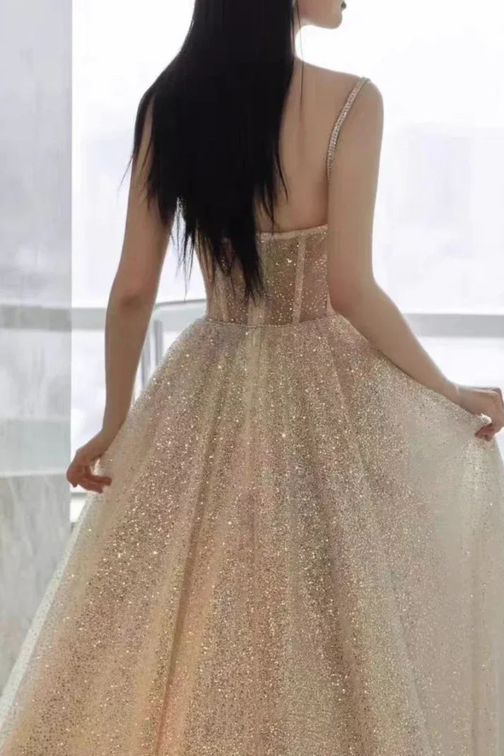 White Spaghetti Strap Corset Glitter Train Evening Dress