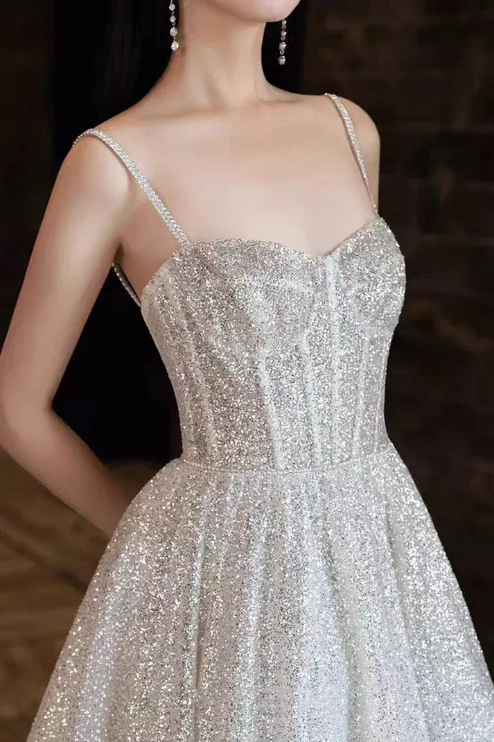 White Spaghetti Strap Corset Glitter Train Evening Dress