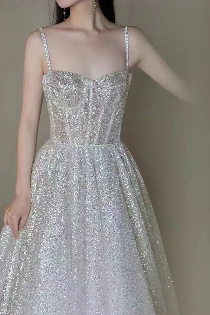 White Spaghetti Strap Corset Glitter Train Evening Dress