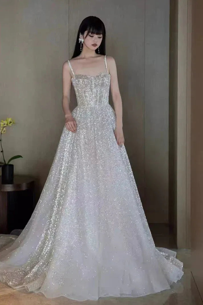 White Spaghetti Strap Corset Glitter Train Evening Dress