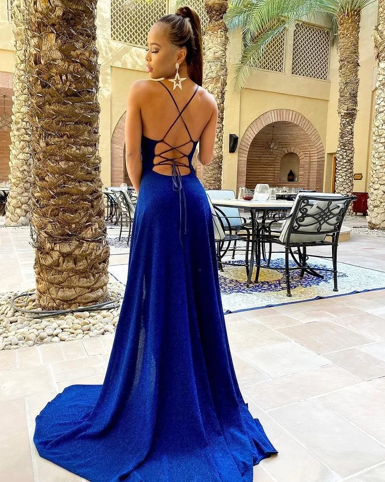 Blue Spaghetti Strap Glitter Royal Maxi Prom Dress