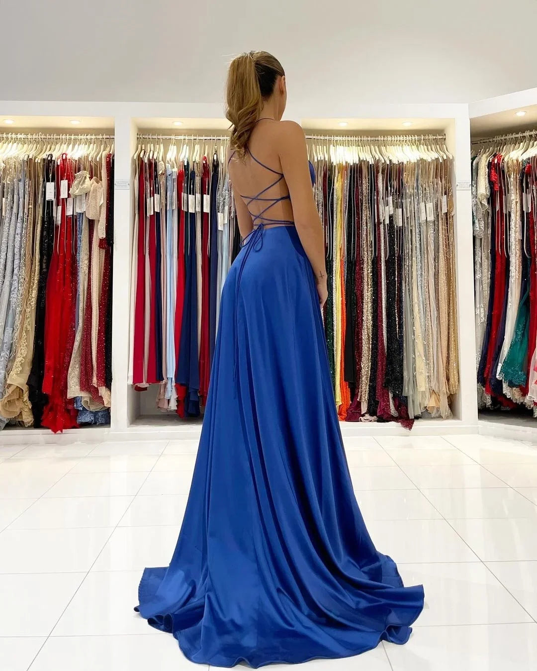Blue Spaghetti Strap Royal Prom Dress