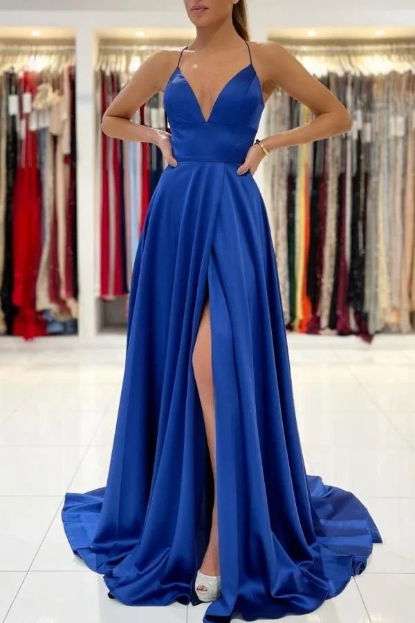 Blue Spaghetti Strap Royal Prom Dress